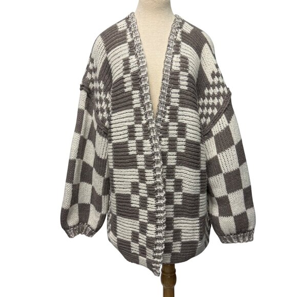 1X Talulah Check Cardigan Sweater Oversize Balloon Sleeve Taupe Cream Boutique - Picture 2 of 9